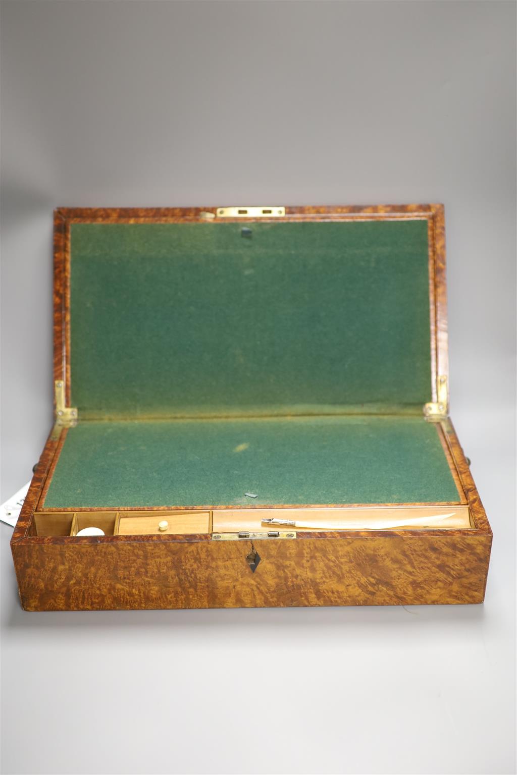 A fine quality 19th century amboyna toilet box / writing slope, length 45cm